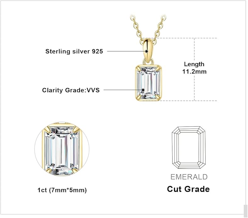 925 Sterling Silver Emerald Cut Moissanite Pendant Necklace