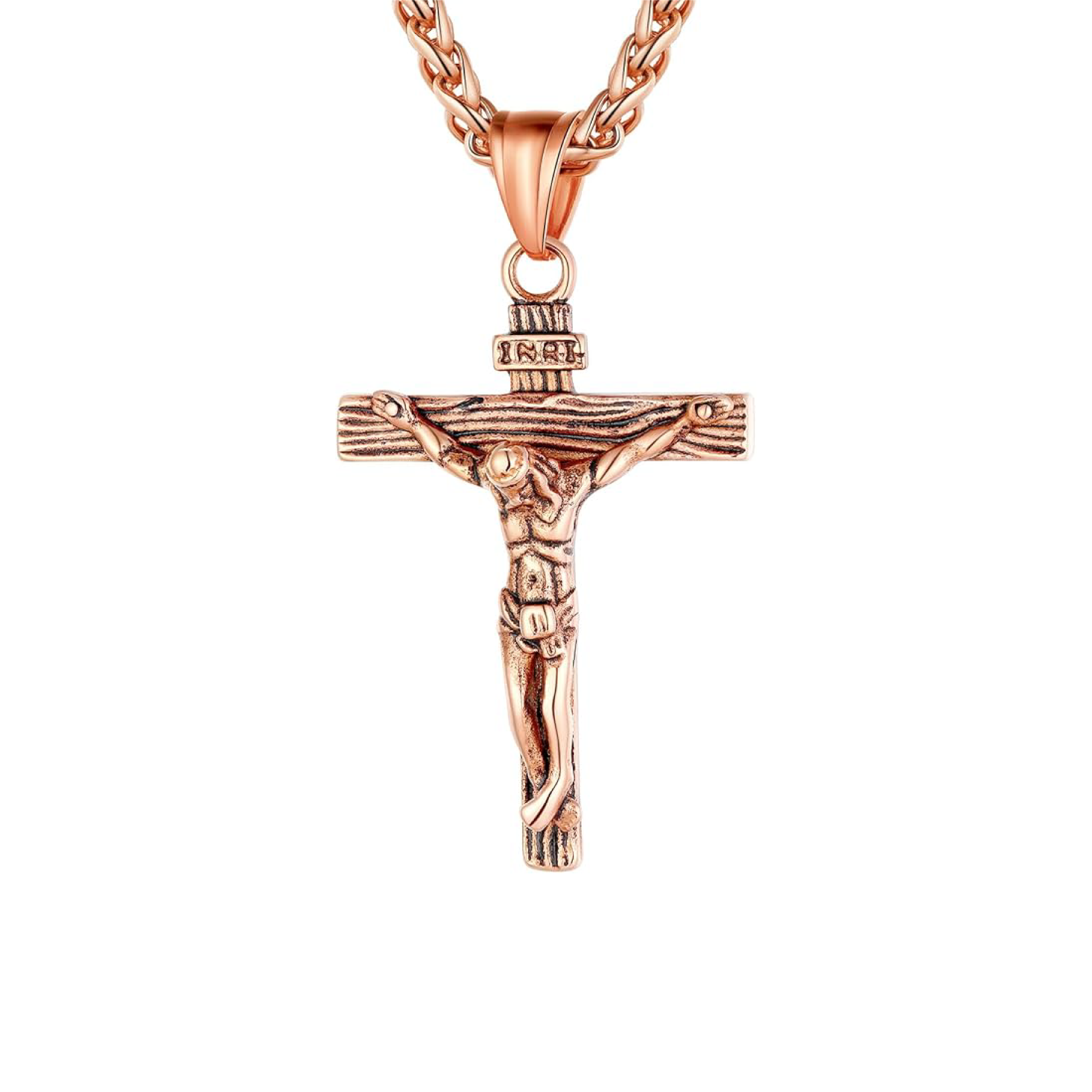 Stainless Steel Jesus Crucifix Cross Necklace with Herringbone Chain