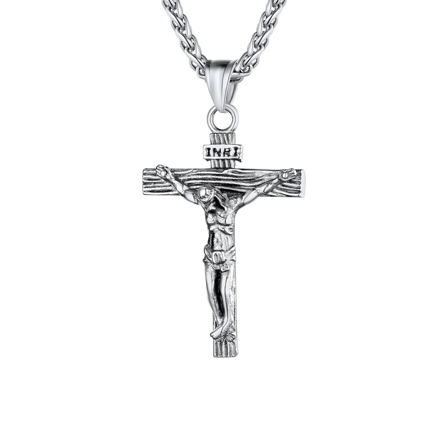 Stainless Steel Jesus Crucifix Cross Necklace with Herringbone Chain