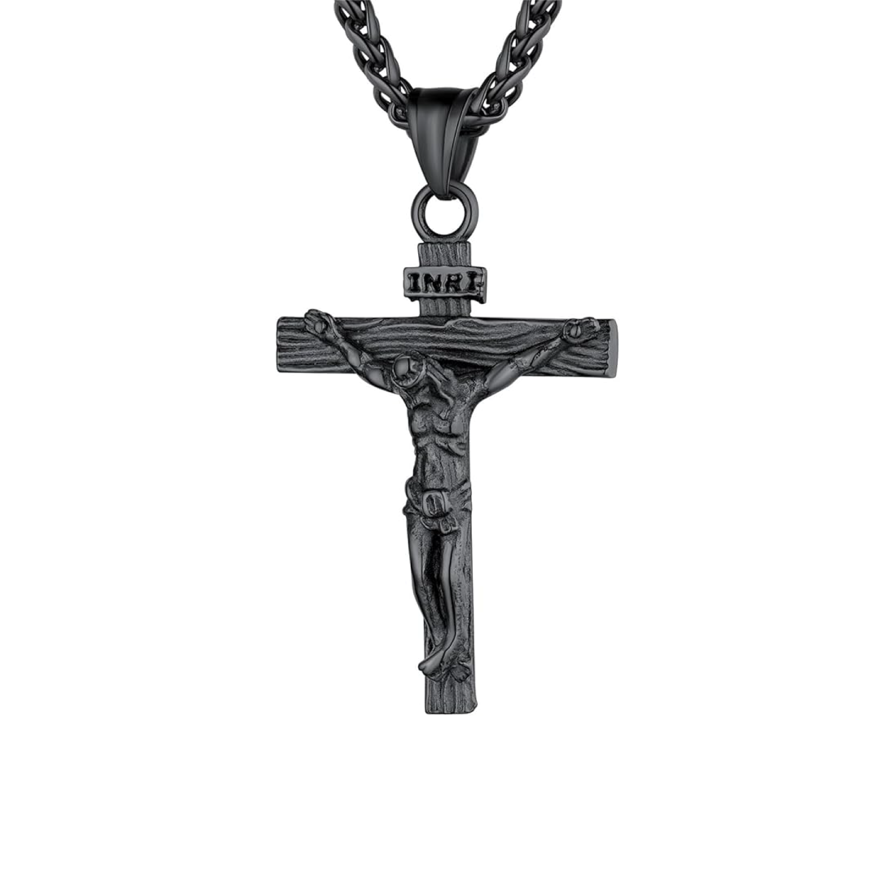 Stainless Steel Jesus Crucifix Cross Necklace with Herringbone Chain