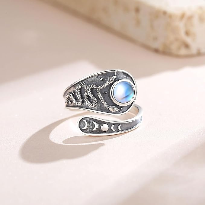 925 Sterling Silver Triple Moon Snake Moonstone Adjustable Ring