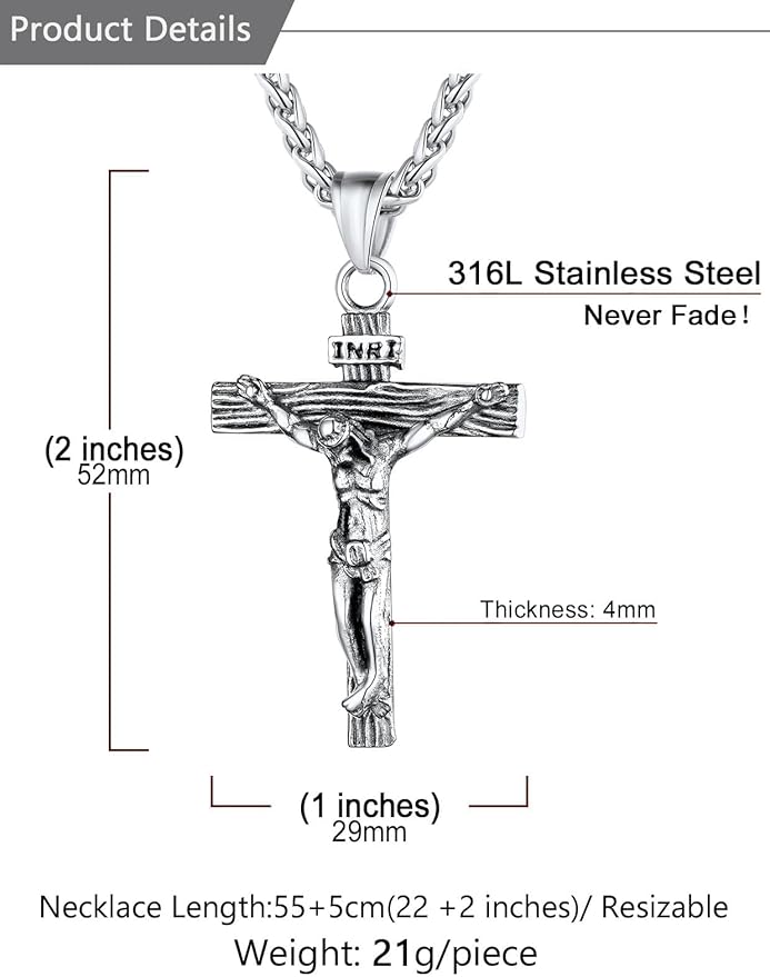 Stainless Steel Jesus Crucifix Cross Necklace with Herringbone Chain
