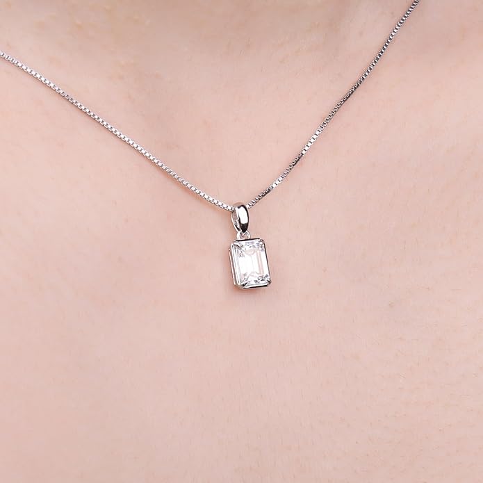 925 Sterling Silver Emerald Cut Moissanite Pendant Necklace