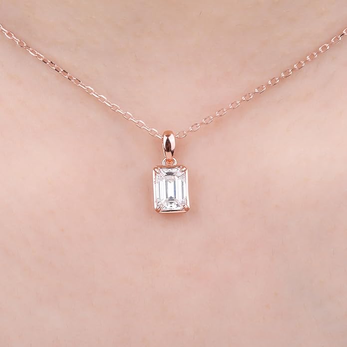 925 Sterling Silver Emerald Cut Moissanite Pendant Necklace