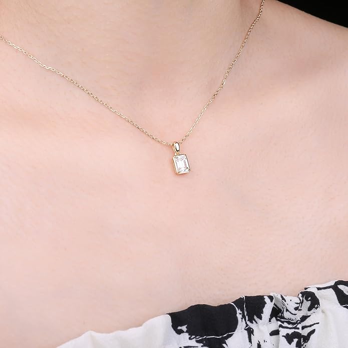 925 Sterling Silver Emerald Cut Moissanite Pendant Necklace