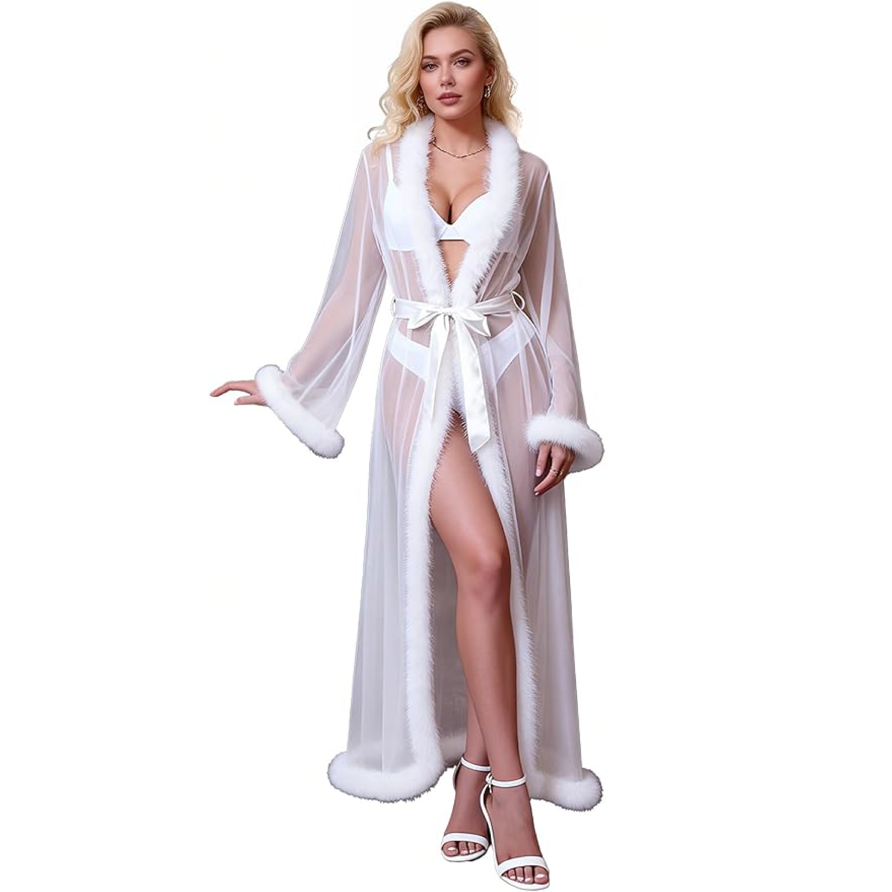 Long Sleeve Transparent Mesh Robe with Faux Mink