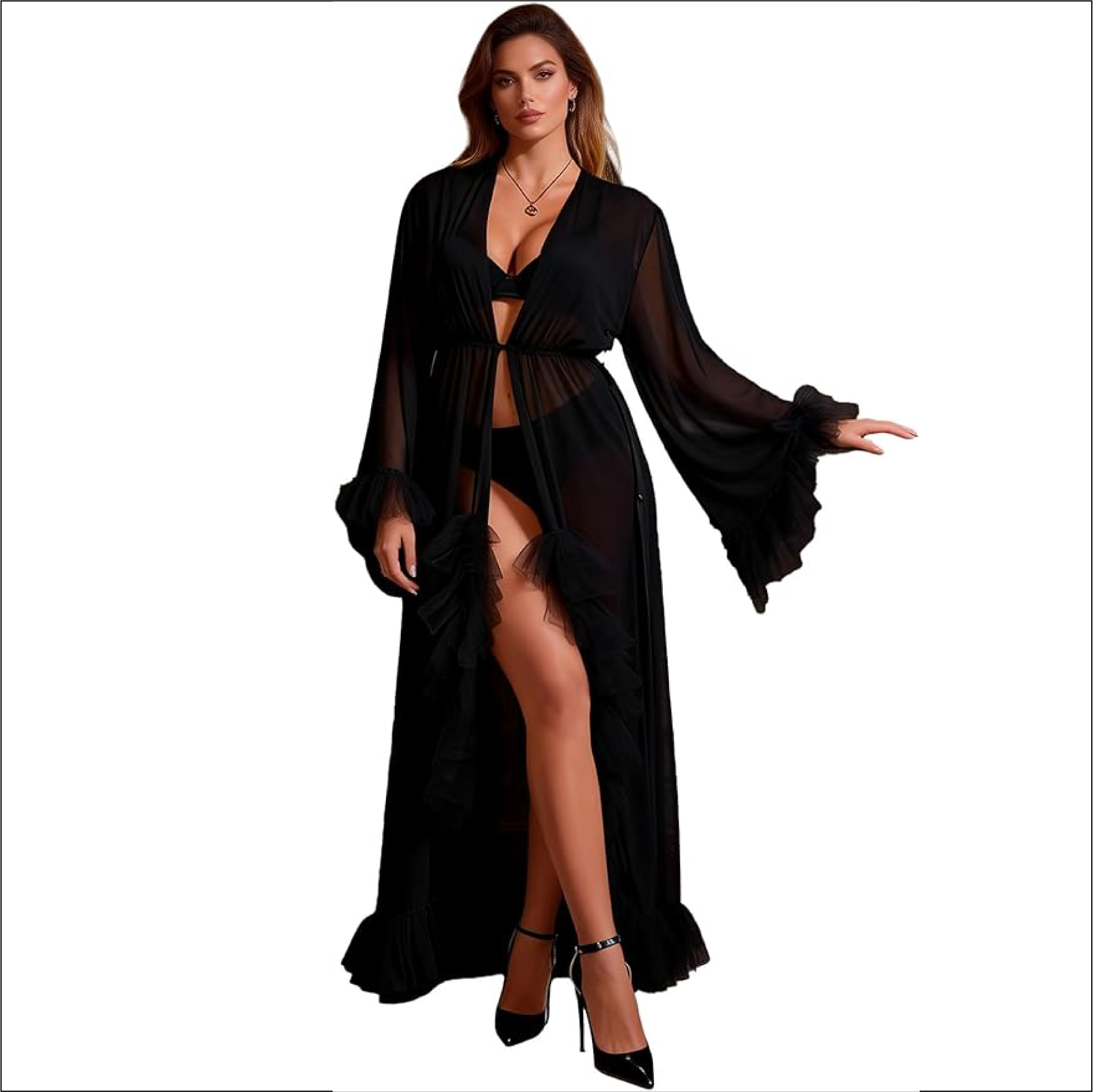 Long Sleeve Lace Kimono Feather Trim Bathrobe