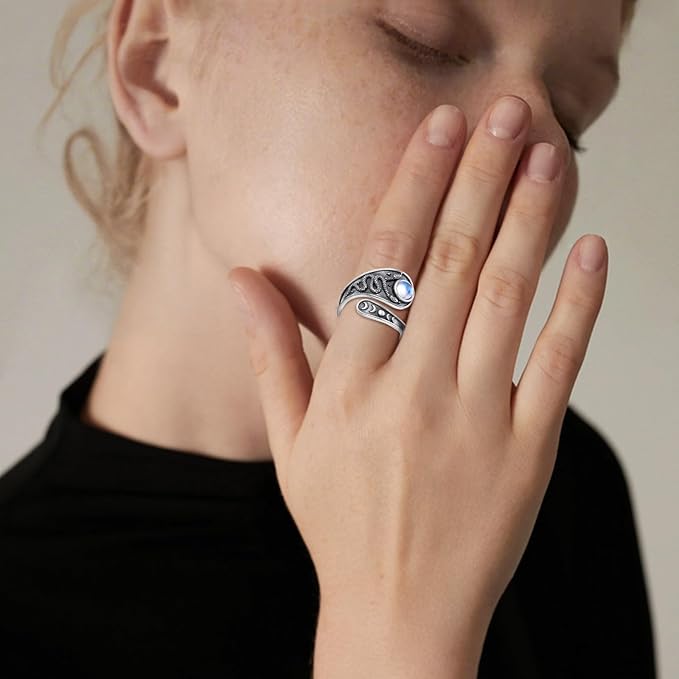 925 Sterling Silver Triple Moon Snake Moonstone Adjustable Ring