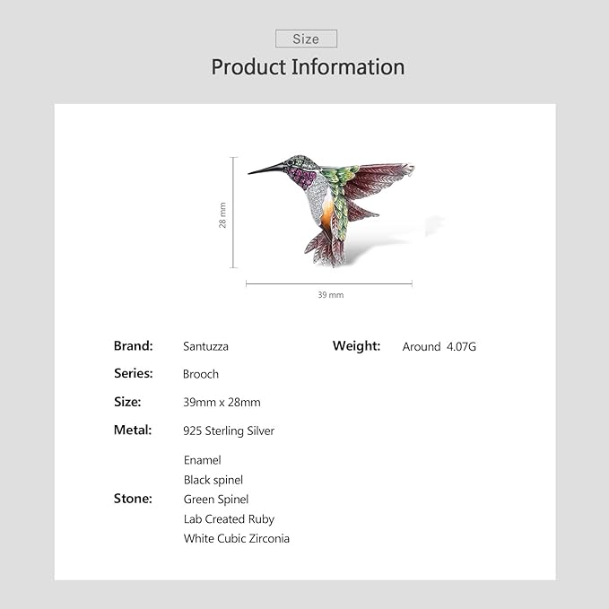 925 Sterling Silver Enamel Hummingbird Brooch