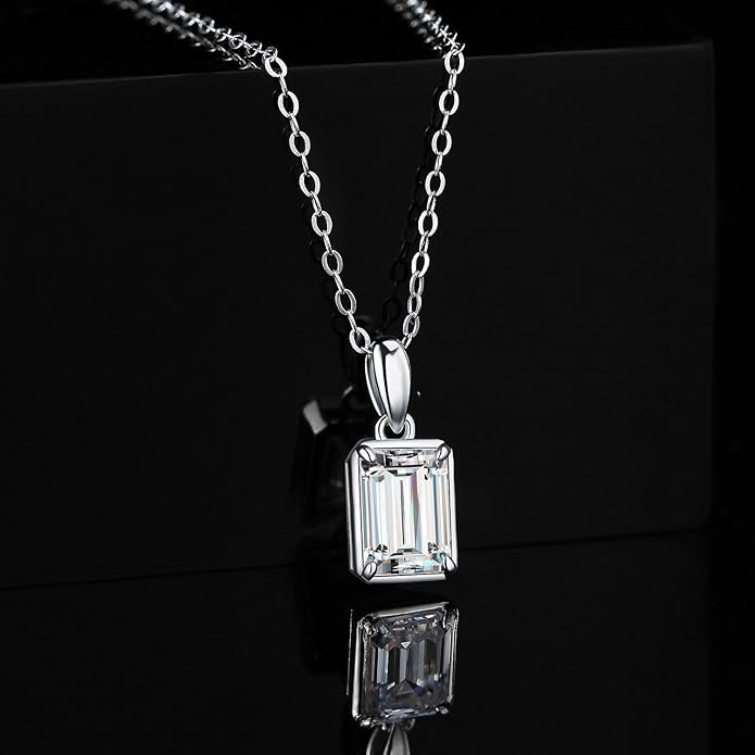 925 Sterling Silver Emerald Cut Moissanite Pendant Necklace