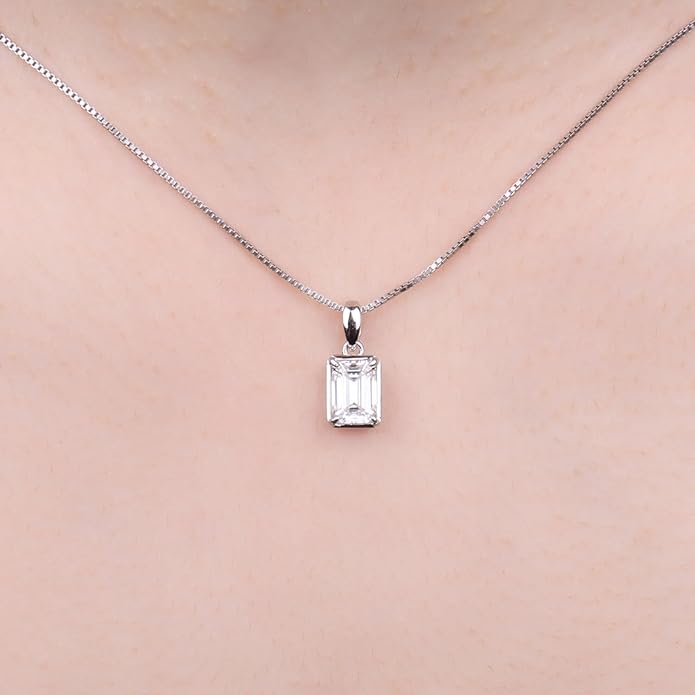 925 Sterling Silver Emerald Cut Moissanite Pendant Necklace