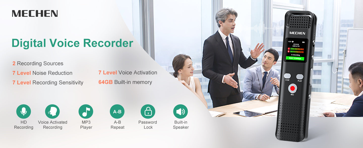 64GB Digital Voice Recorder Voice Activated Audio Recorder for Lectures Meetings - MECHEN 1536Kbps Small Rechargeable Dictaphone