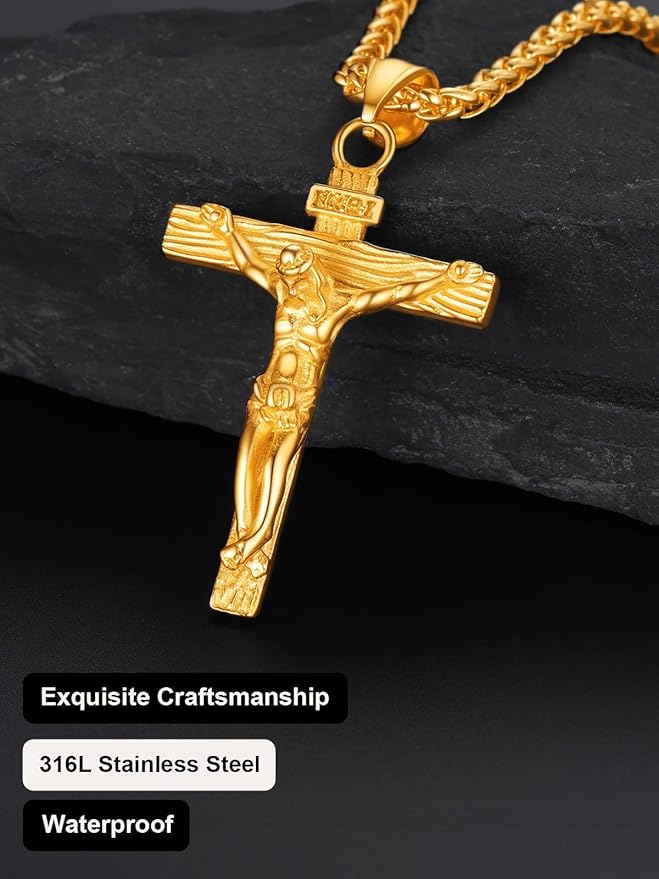 Stainless Steel Jesus Crucifix Cross Necklace with Herringbone Chain