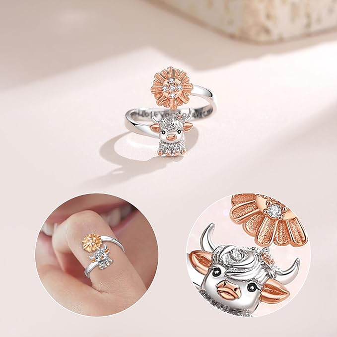 925 Sterling Silver Highland Cow Adjustable Flower Zircon Ring