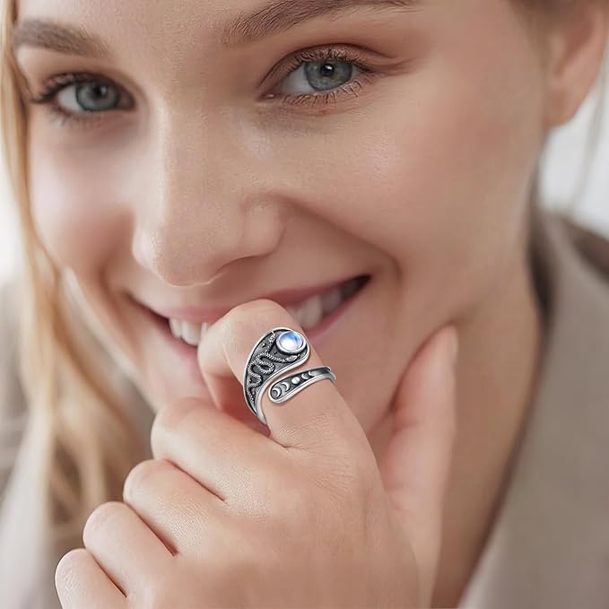 925 Sterling Silver Triple Moon Snake Moonstone Adjustable Ring
