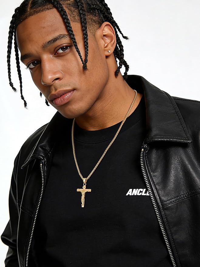 Stainless Steel Jesus Crucifix Cross Necklace with Herringbone Chain