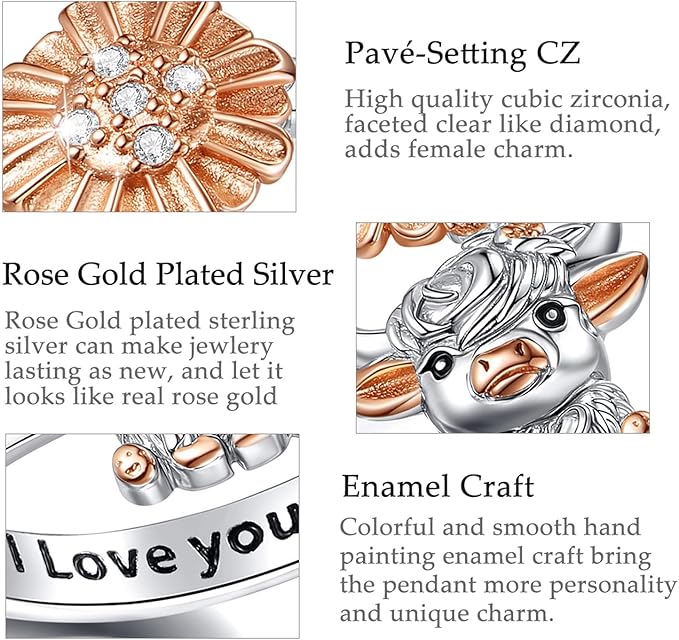 925 Sterling Silver Highland Cow Adjustable Flower Zircon Ring