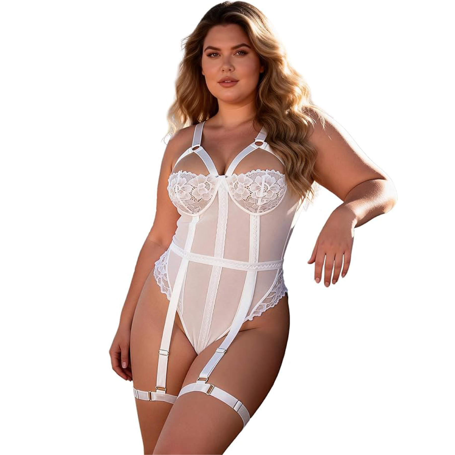 Lace and Mesh Teddy Bodysuit with Garter Set