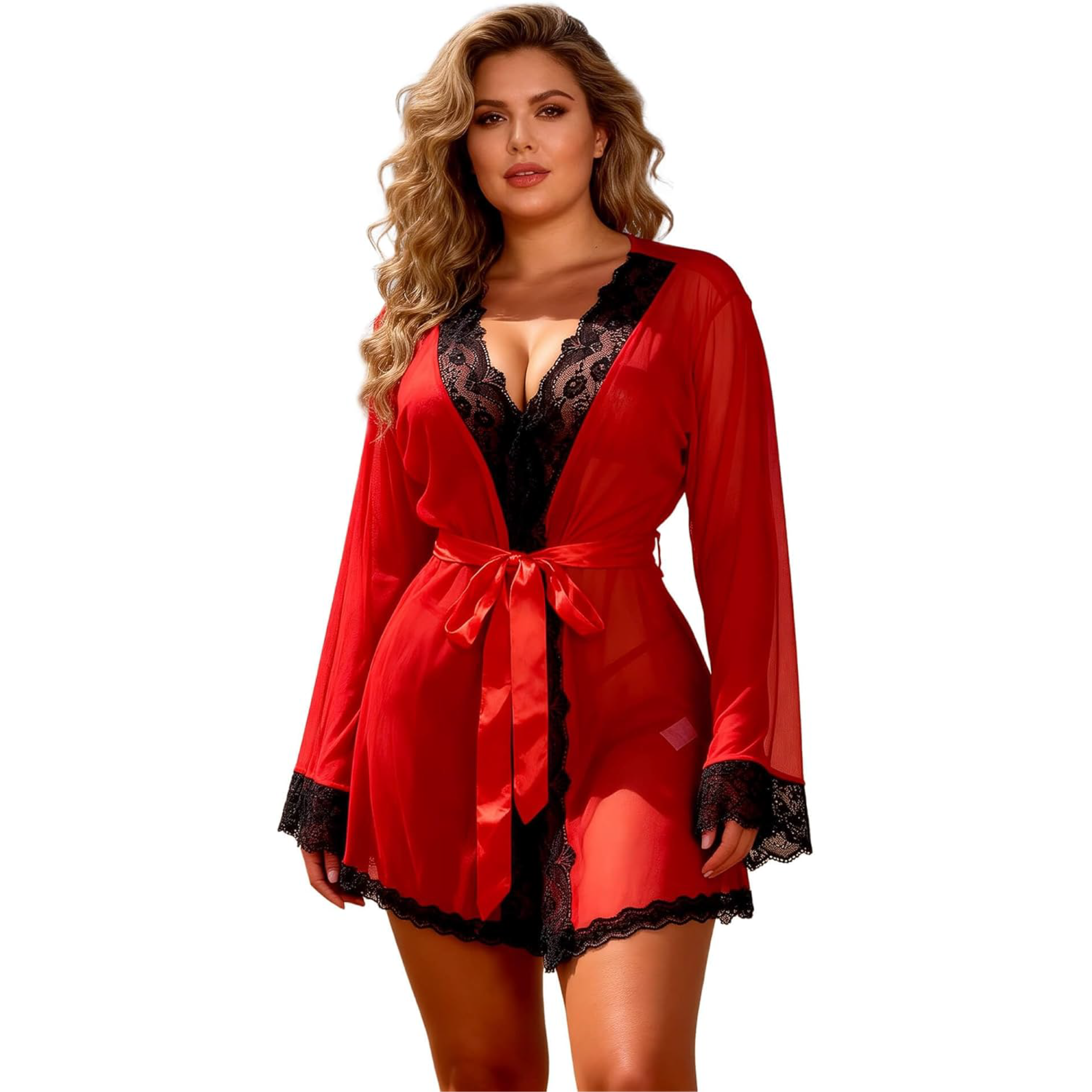 Lace Transparent Babydoll Kimono Lingerie Set