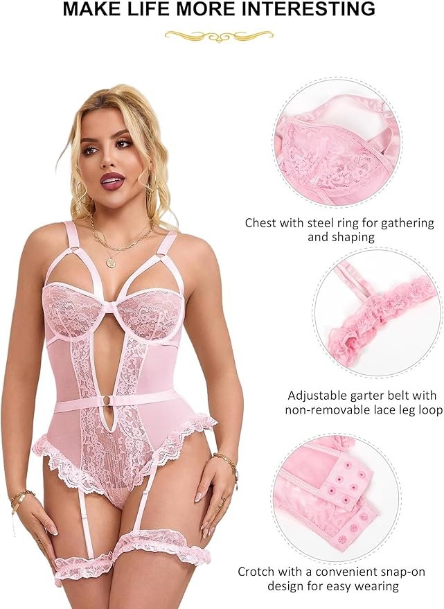 Lace and Mesh Teddy Bodysuit with Garter Set