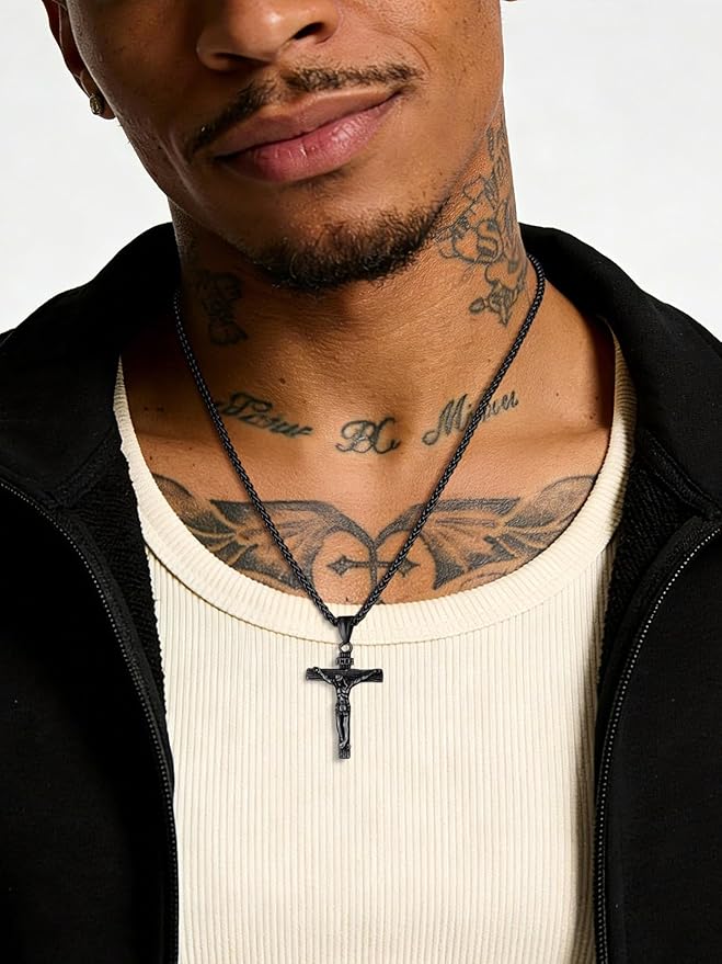 Stainless Steel Jesus Crucifix Cross Necklace with Herringbone Chain