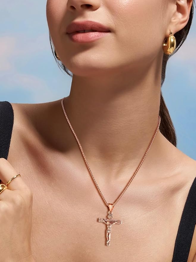 Stainless Steel Jesus Crucifix Cross Necklace with Herringbone Chain
