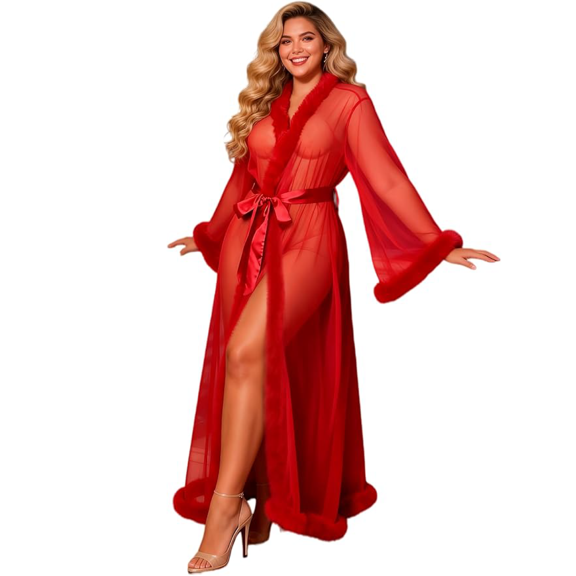 Long Sleeve Transparent Mesh Robe with Faux Mink
