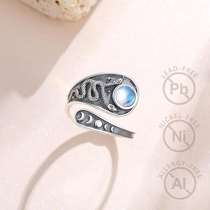 925 Sterling Silver Triple Moon Snake Moonstone Adjustable Ring