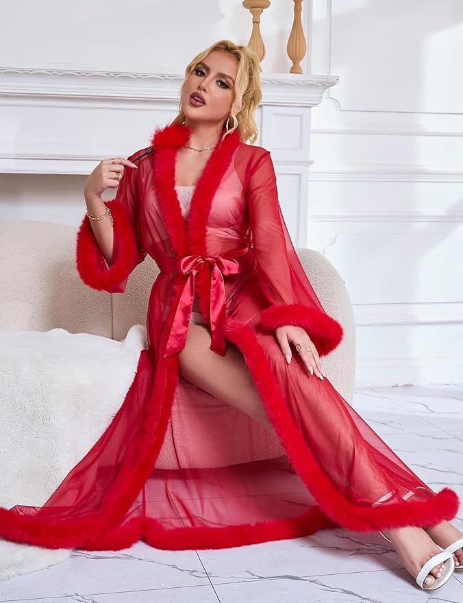 Long Sleeve Transparent Mesh Robe with Faux Mink