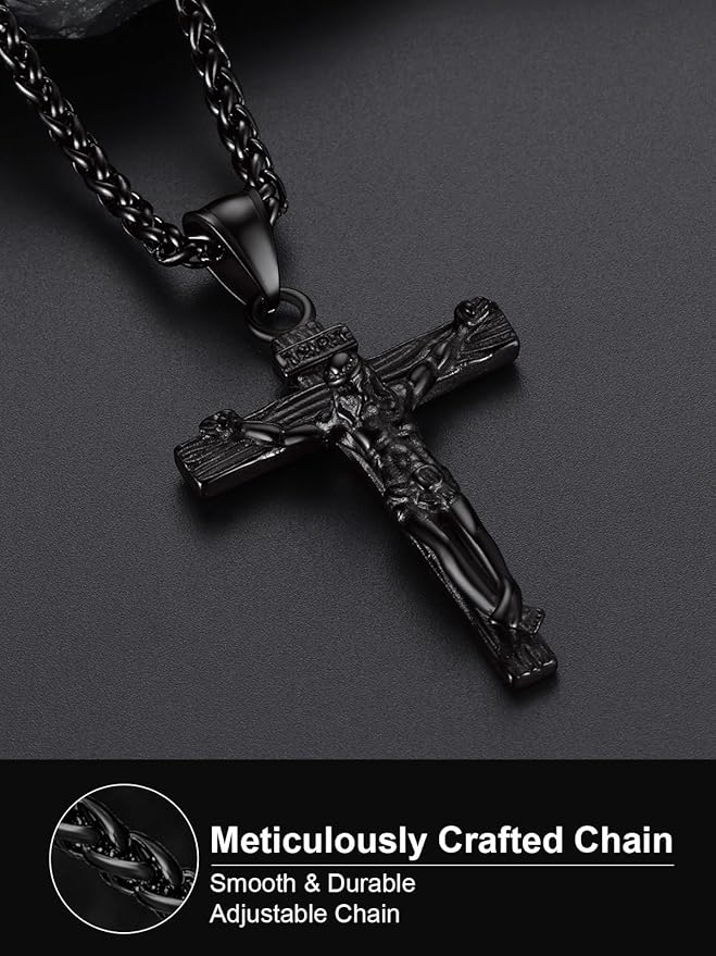 Stainless Steel Jesus Crucifix Cross Necklace with Herringbone Chain