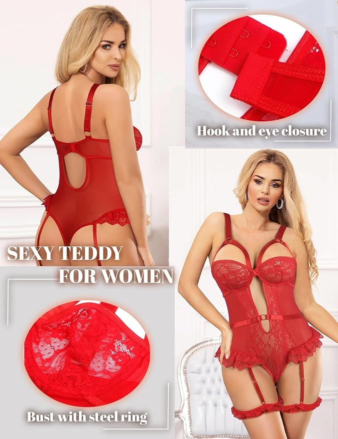 Lace and Mesh Teddy Bodysuit with Garter Set