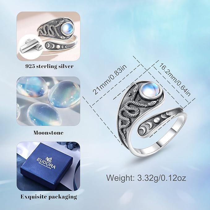 925 Sterling Silver Triple Moon Snake Moonstone Adjustable Ring