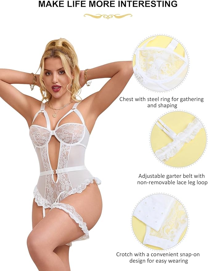 Lace and Mesh Teddy Bodysuit with Garter Set