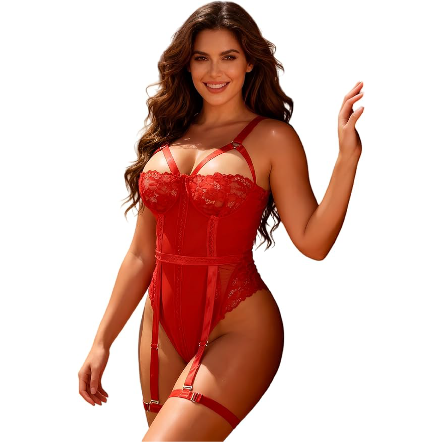 Lace and Mesh Teddy Bodysuit with Garter Set