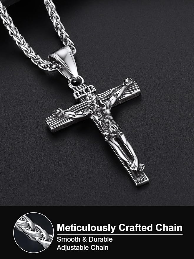 Stainless Steel Jesus Crucifix Cross Necklace with Herringbone Chain