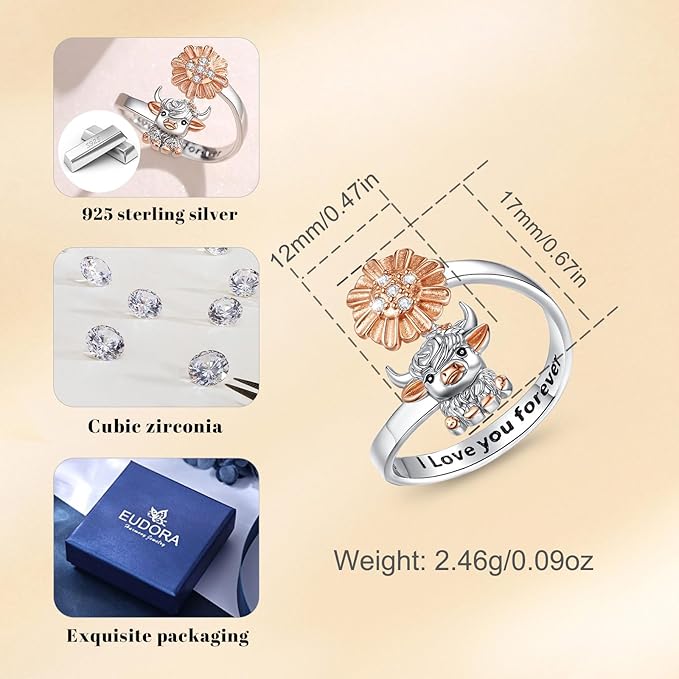 925 Sterling Silver Highland Cow Adjustable Flower Zircon Ring