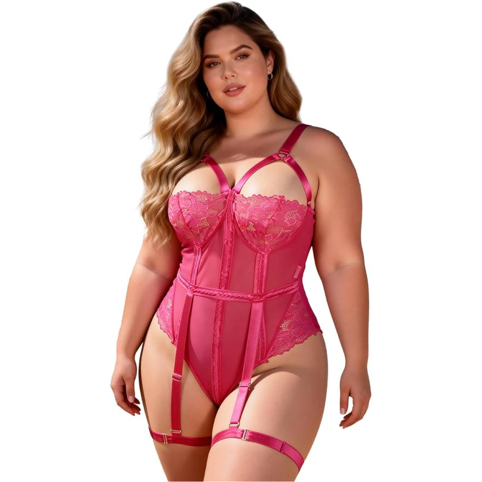 Lace and Mesh Teddy Bodysuit with Garter Set
