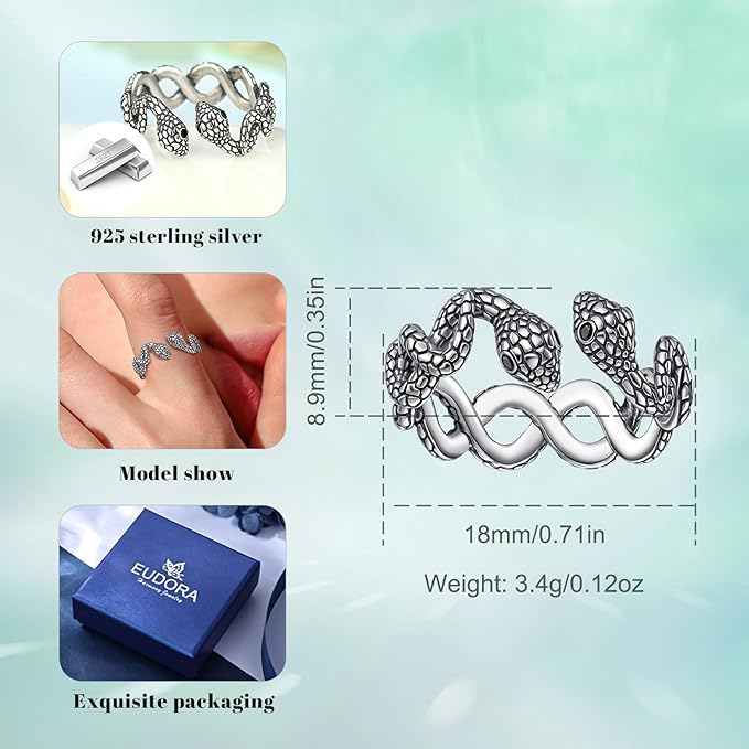 Snake Ring Sterling Silver S925 Adjustable Open Ring