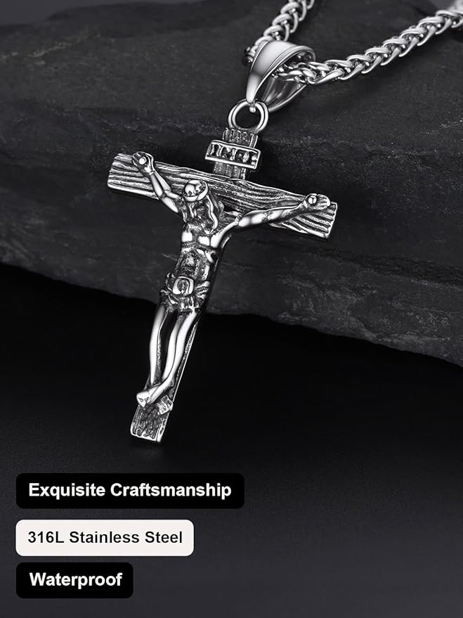 Stainless Steel Jesus Crucifix Cross Necklace with Herringbone Chain