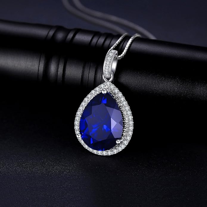 925 Sterling Silver Pear Cut Blue Sapphire Halo Necklace
