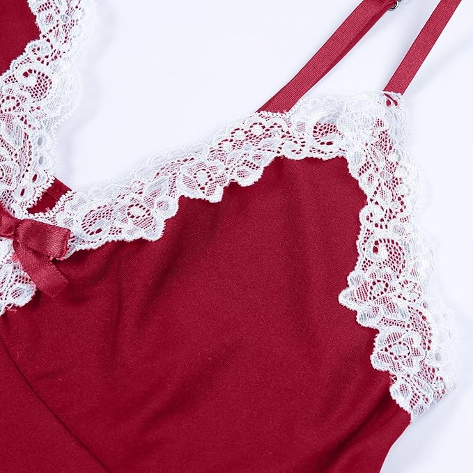 Satin Lace V-Neck Nightgown Split Hem Sleepwear
