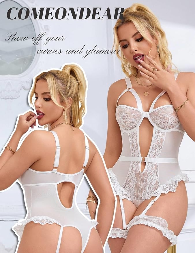 Lace and Mesh Teddy Bodysuit with Garter Set