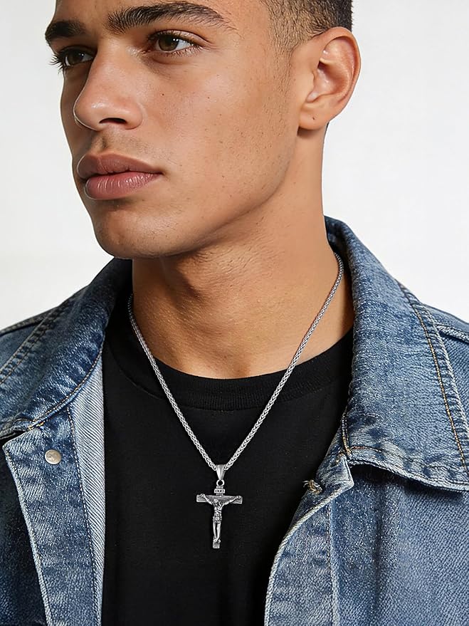 Stainless Steel Jesus Crucifix Cross Necklace with Herringbone Chain
