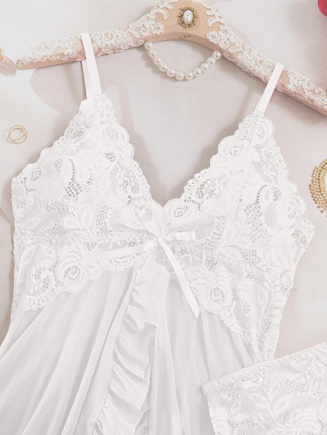 Red Lace V-Neck Nightdress Lingerie Set with Matching Panties