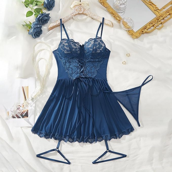 3-Piece Hot Babydoll Lingerie Set with Garter Belt
