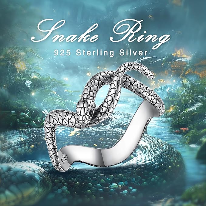 925 Sterling Silver Textured Snake Ring with Black Zircon