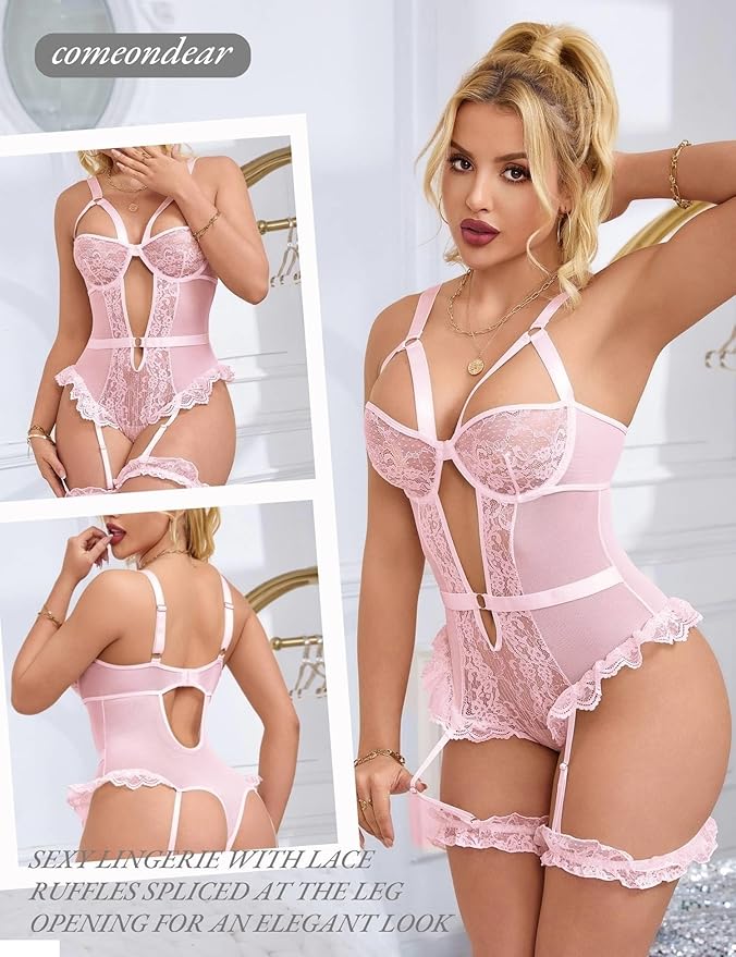 Lace and Mesh Teddy Bodysuit with Garter Set