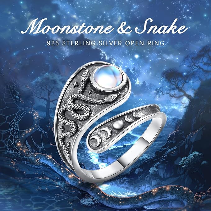925 Sterling Silver Triple Moon Snake Moonstone Adjustable Ring