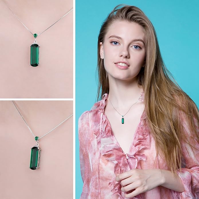 925 Sterling Silver 6ct Emerald Cut Simulated Emerald Necklace