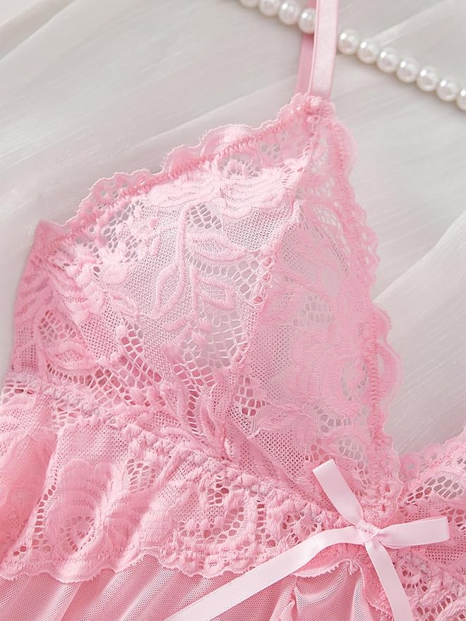 Red Lace V-Neck Nightdress Lingerie Set with Matching Panties